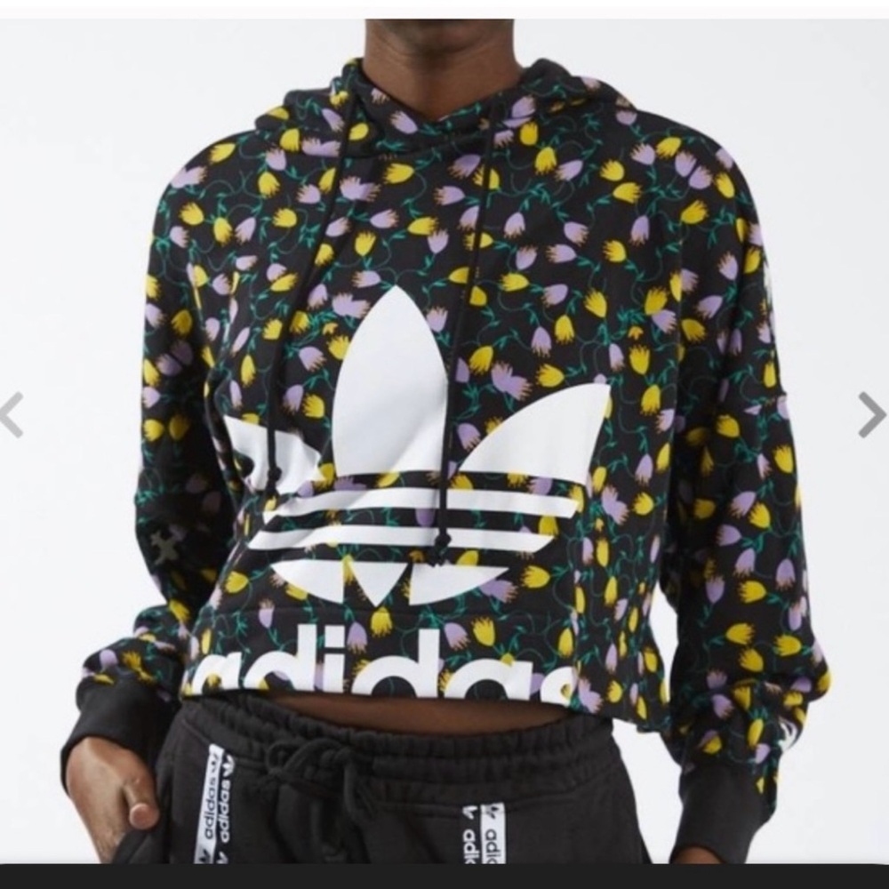 adidas Black Floral Trefoil Cropped Hoodie with White Logo